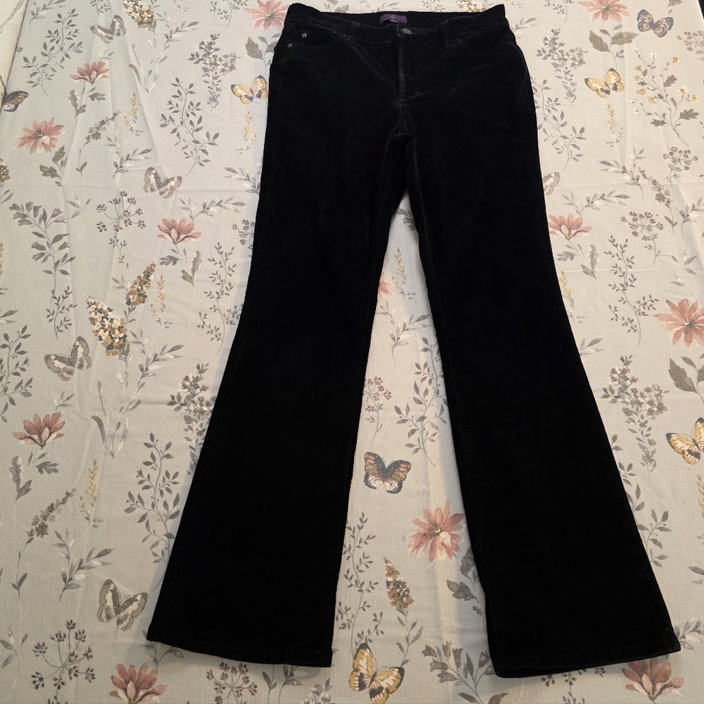 NYDJ Black Velveteen Velour Flare Pants Size 10 Stretch Made in USA